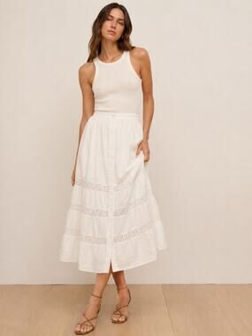 Reformation | Linen Lace Trim Button Front Peasant Midi Skirt in White 0
